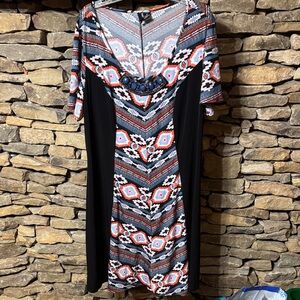 New Directions Geometric Patterned Dress with Black Accents